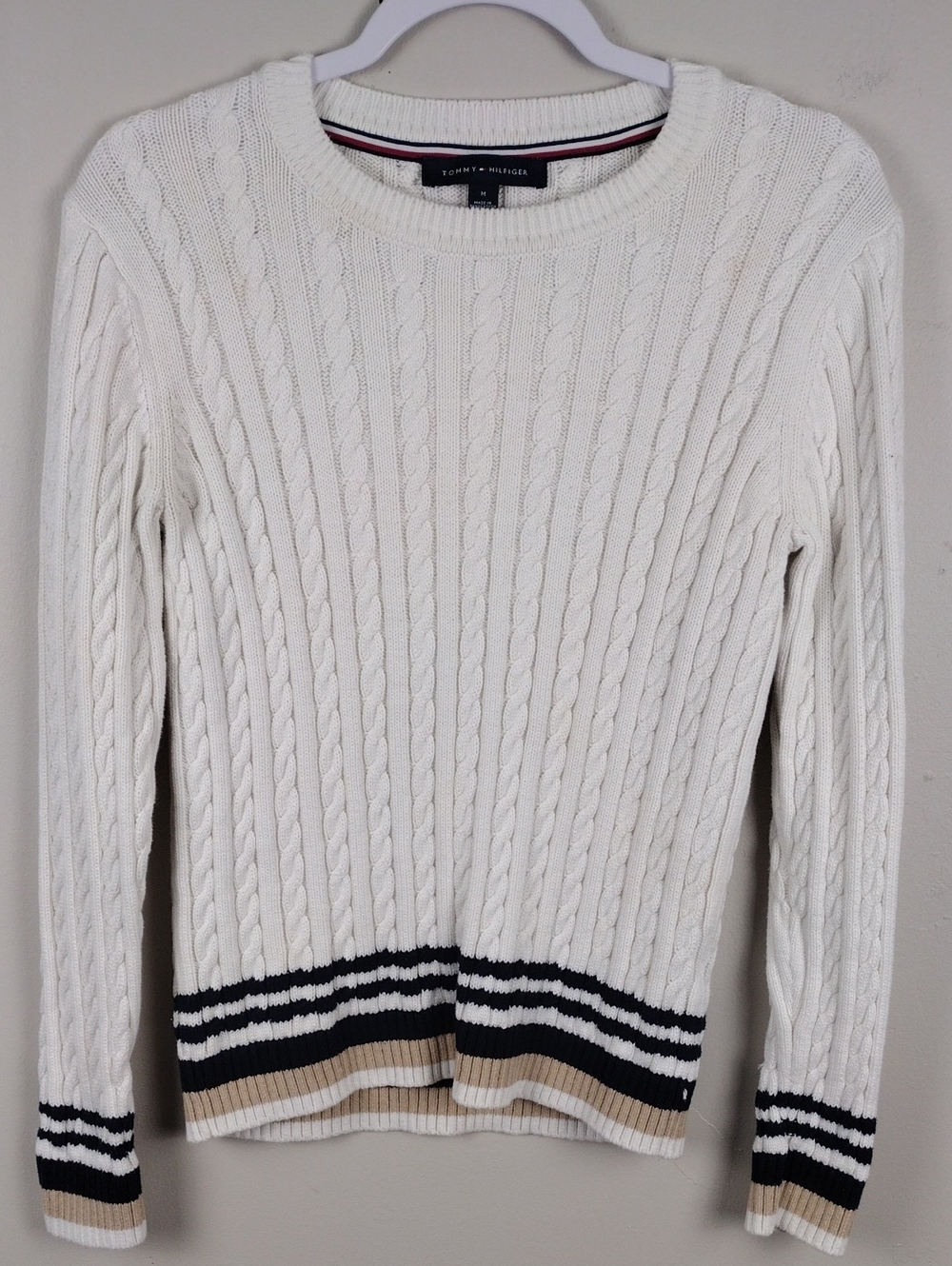 Tommy Hilfiger White Cable Knit Navy Striped Hem Crewneck Long Sleeve Sweater